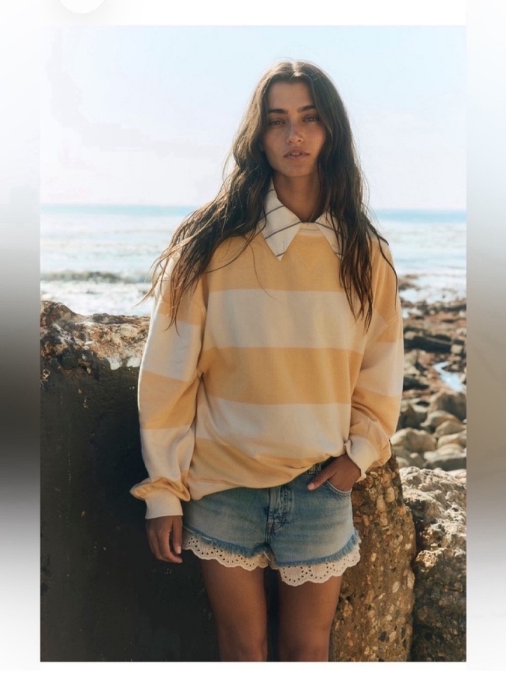 Free People NWT Classic Striped Oversized Crewneck Size Small in Apricot Combo